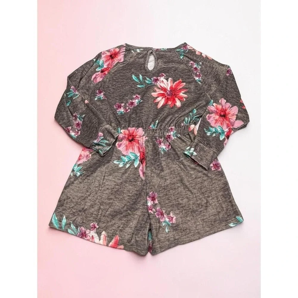 Justice Sleep Girls Gray Floral Long Sleeve Romper Pajamas Size M 8/10